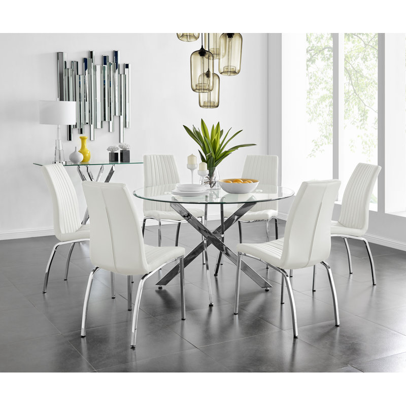 Tierra Sleek Metal and Glass Round Dining Table Set with 6 Faux Leather Upholstered Dining Chairs, White