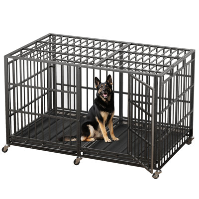 Cage pour chien 60 po Yokwok, cage indestructible pour animaux de compagnie pliable avec roues verrouillables, plateau ouvrable, plateaux amovibles, chenil à mâcher pour chiens de très grande taille, noir