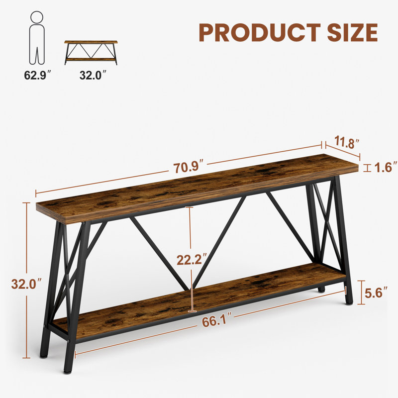70.9 Inch Extra Long Sofa Table Console Behind Entryway Table Sofa Table With 2 Tier Storage Shelves, Rustic Brown