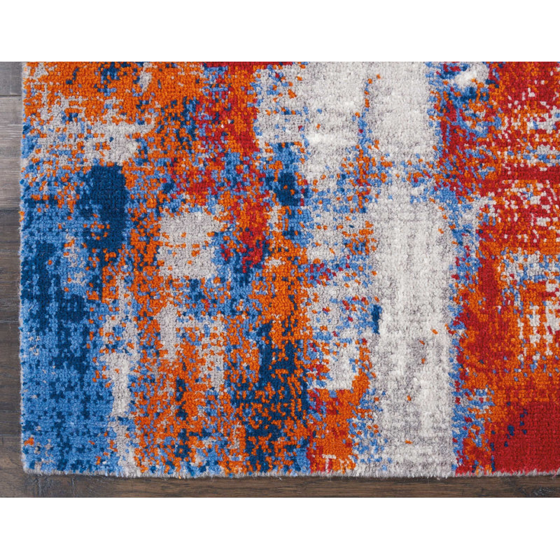 Makela Abstract Ivory/Blue/Red Area Rug, Rectangle 5'6" x 8'