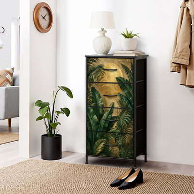 Commode 4 tiroirs pour chambre à coucher, commode étroite, plateau en bois et structure de bureau en fer 18 po x 37,5 po (lxH) - avec imprimé feuilles de palmier vert tropical Golden Sun