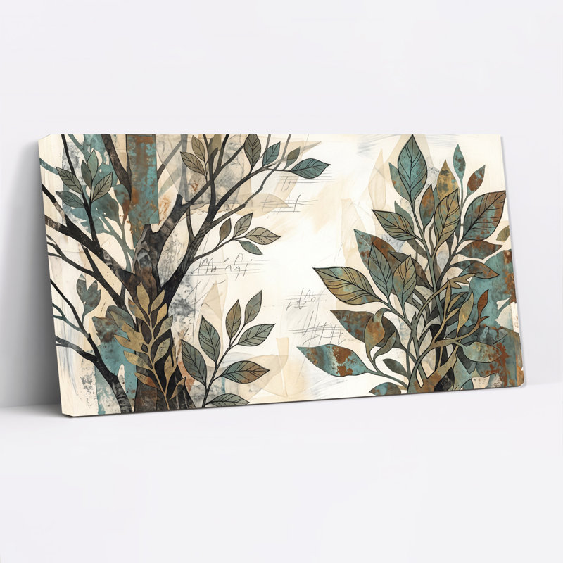 Teal and Rust Botanical Foliage Mixed Media Canvas Wall Art