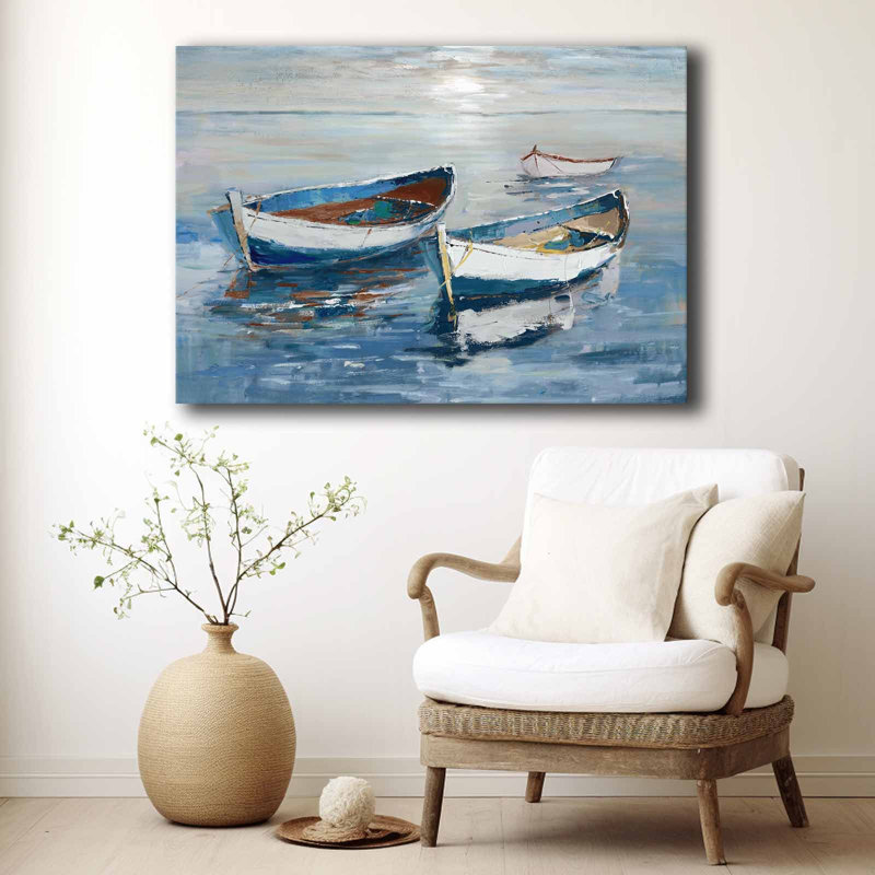 Art mural sur toile bleu avec barques sur l'eau calme
