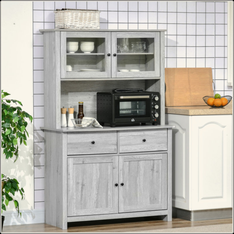 Buffet de cuisine 63,5 "avec huche, armoire de rangement pour garde-manger avec 4 tablettes, tiroirs, portes en verre encadrées, comptoir à micro-ondes ouvert