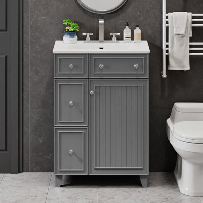 24" Vanity – 2 Drawers + Soft-Close Door, 5.9" Ceramic Sink, Solid-Wood Feet & Gold Knobs. Petite Spa Storage for Small Bath