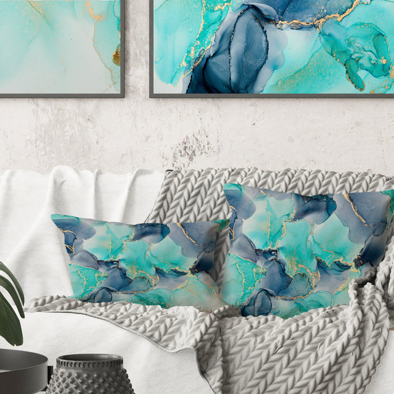 Turquoise et mauve, luxe, abstrait, fluide, Art VI, coussin décoratif moderne, 16 po x 16 po
