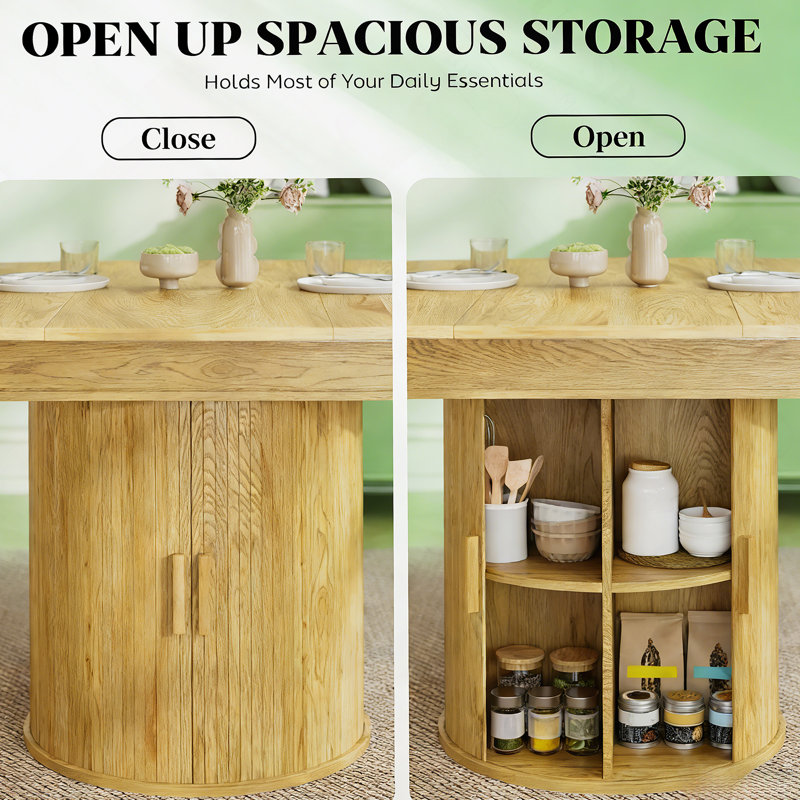 Storage Kitchen Table,Extendable Dining Table, Natural Wood