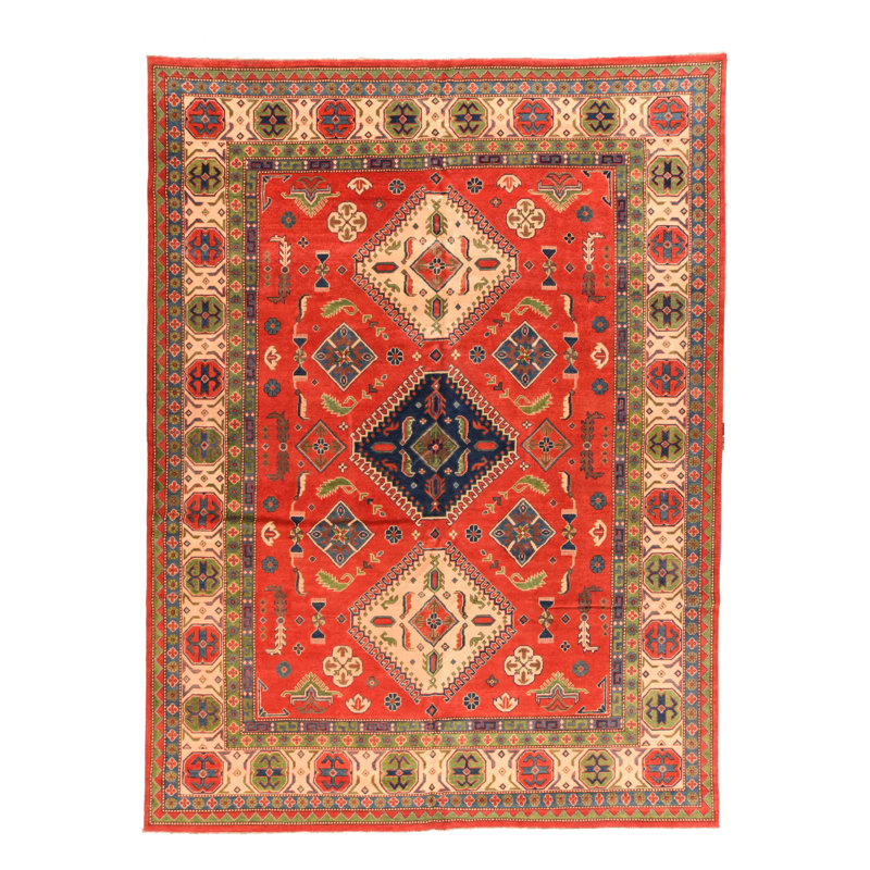 Tapis rouge en laine noué à la main de conception unique 9 pi x 12 pi