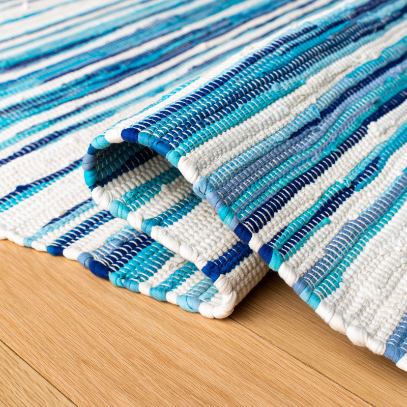 Tapis ivoire / bleu en coton tissé à la main Brogun, Tapis de couloir 2 pi 3 po x 6 pi