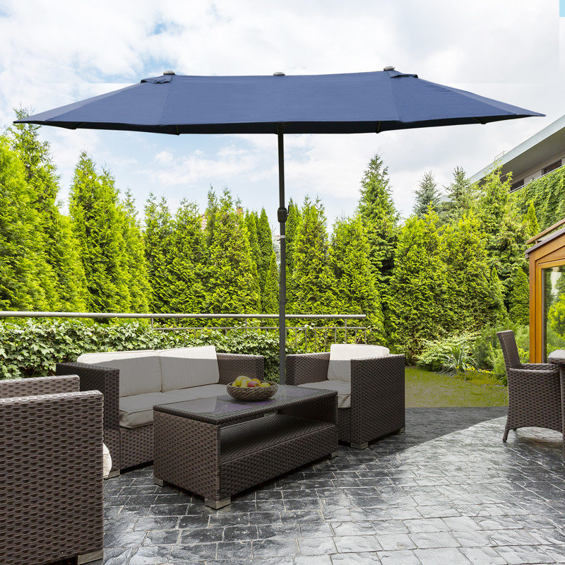 Parasol rectangulaire double face avec base, Bleu