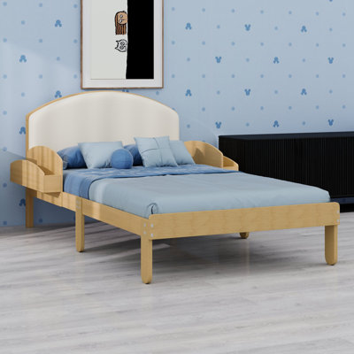 Bed frame with curved padded headboard and side storage shelves, modern arched leg design
