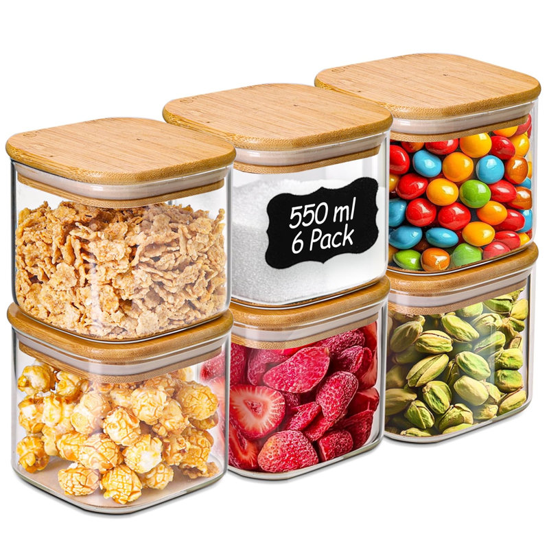 6‑Pack 550ml Square Glass Storage Jars with Lids, Kitchen Canisters for Spices, Tea and Dry Goods