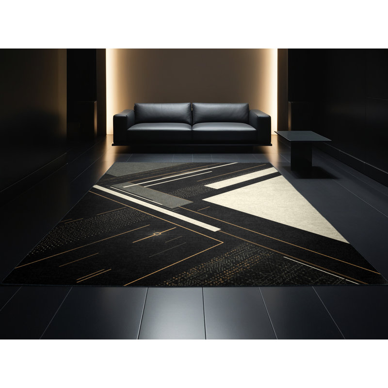 Tapis géométrique moderne à motif holographique noir lavable à la machine Paizley, 6 X 9