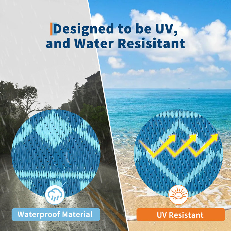 Outdoor Rug Modern Bordered Geometric Rug Waterproof Reversible Plastic Straw Rug for Patio Camping RV Balcony Backyard