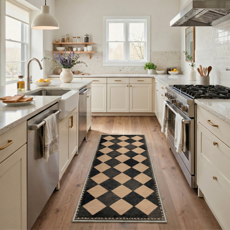 Tapis beige / taupe à motif géométrique à carreaux Aura, lavable à la machine, avec envers antidérapant, Beige/Taupe
