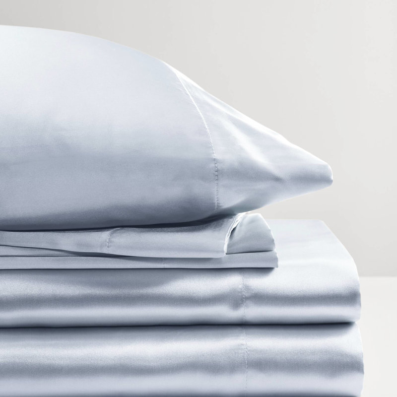 6 Pcs King Luxury Blue Satin Sheet - Wrinkle , Smooth Silky Texture, , Fits 16" Mattresses, Includes 1 Flat Sheet, Fitted 4 Pillowcases Size 100% Gentle On Skin And Hair, With Flat,