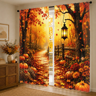 2 pièces de rideaux de lanterne d'automne, tissu filtrant la lumière, scène de forêt d'automne rustique avec des citrouilles et des feuilles d'érable, protection de l'intimité du parasol, conception à passe-tringle, convient au salon, à la chambre à coucher, au balcon et à la cuisine