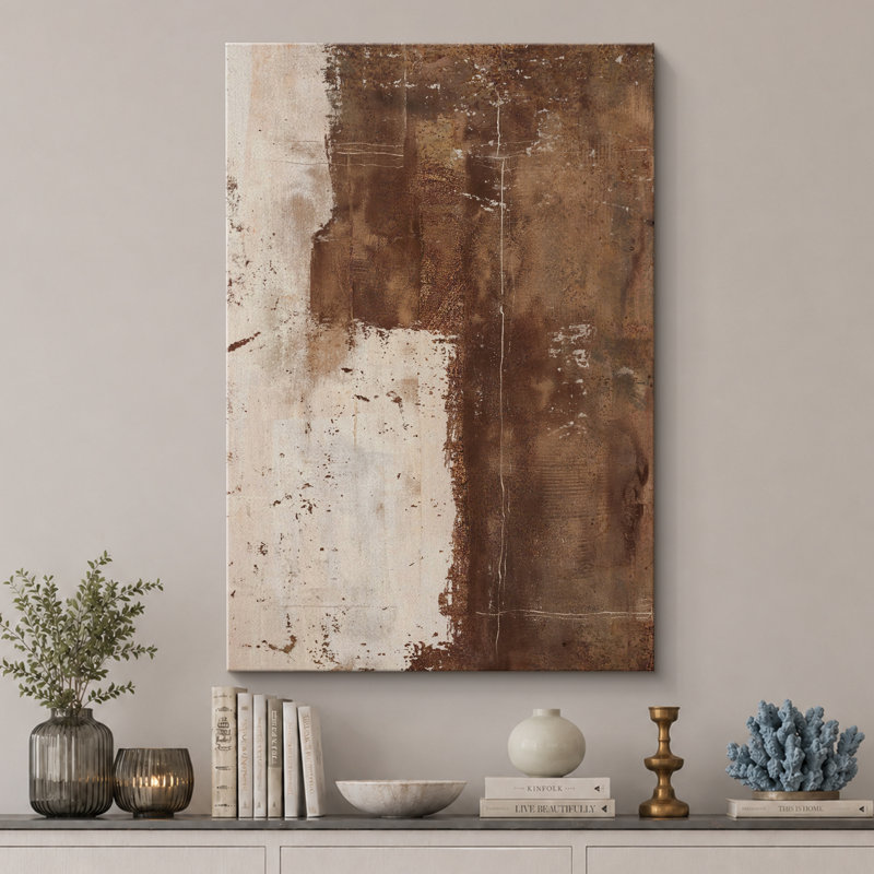 Style Mid-Century brun foncé, formes abstraites neutres, grand cadre rustique, décor minimaliste M20, H 48 po x l 32 po