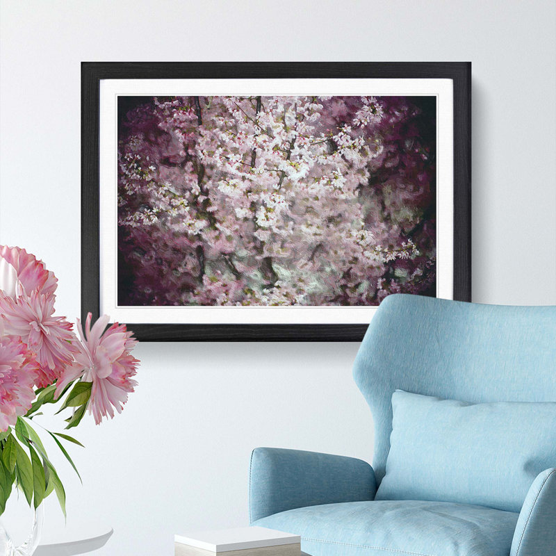 Pink Cherry Blossoms - Picture Frame Painting Print, 48cm H x 65cm W x 2cm D, Black Framed