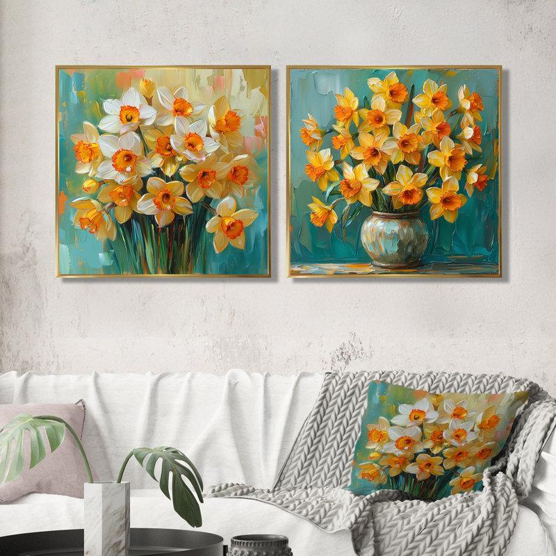 Bloom, blanc, orange, nature morte, jonquilles I - jonquilles, art mural - ensemble d'art mural traditionnel 2 pièces, Doré