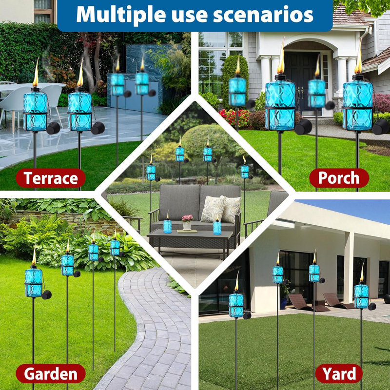 Paquet de 4 torches de jardin en verre bleu 12 oz, décoration de jardin pour torche d'extérieur 60 po
