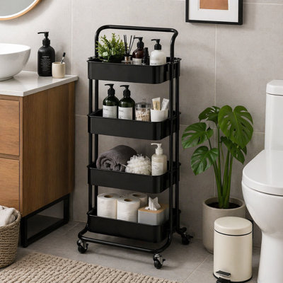 Four-Layer Mesh Multi-Functional Storage Trolley, Made Of Metal With Handles And Lockable Wheels, Black Storage Rack Suitable For Kitchens, Living Rooms, And Offices.