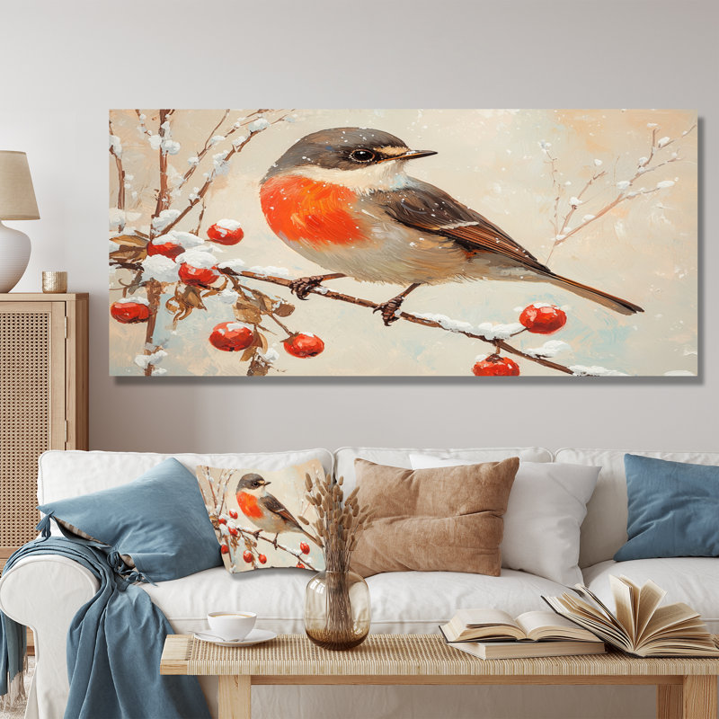 Oiseau hivernal dans la forêt IV - Art mural oiseau, H 28 po x l 60 po, Toile tendue encadrée, Ne s'applique pas