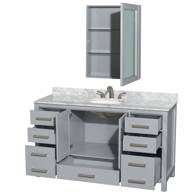 Sheffield 60" Single Bathroom Vanity Set with Mirror, Brushed Chrome, Gray