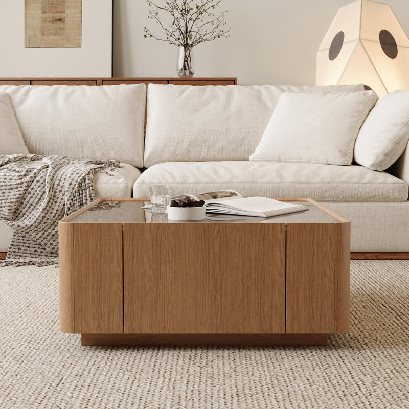 Table basse de 31,5 pouces carrée avec tiroirs de rangement, table basse moderne en bois avec plateau en verre, tables de centre de table de thé pour bureau de salon, noyer