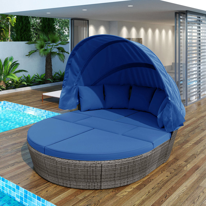 Lit de jour d'extérieur en rotin avec lit escamotable avec auvent rétractable, Coussin bleu / cadre gris