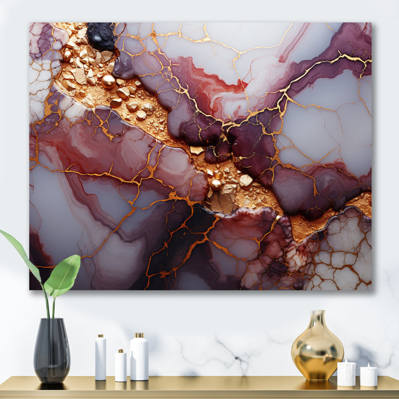 «Pink and Gold Marble River VII», reproduction d'art murale abstraite, Toile tendue, H 34 po x l 44 po x P 1,5 po