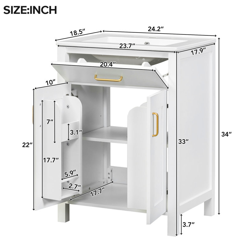 24" Bathroom Vanity With Ceramic Sink - Luxury Compact. 24.2"*18.5"*H34". Solid Wood Frame, Doors. Golden Ornaments. Spacious Storage Shelves. Adjustable Shelf. Modern Cabinet Basin Sophisticated &