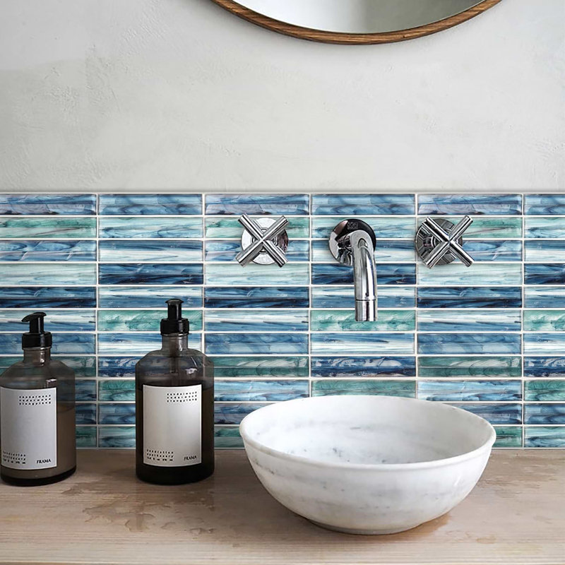 Maya Polished Glass Mosaic, Stacked Aqua