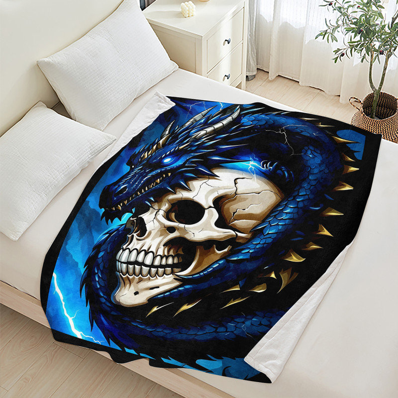 Plaid en flanelle polaire JYK pour l'Halloween, léger, respirant, doux et chaud en microfibre pelucheuse, 102 x 127 cm, motif crâne de dragon et éclair