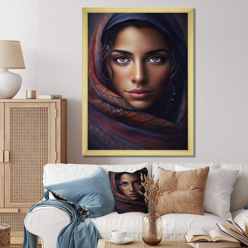 Regard féminin enchanteur II, H 32 po x l 24 po x P 1 po, Toile encadrée dorée avec coins fermés