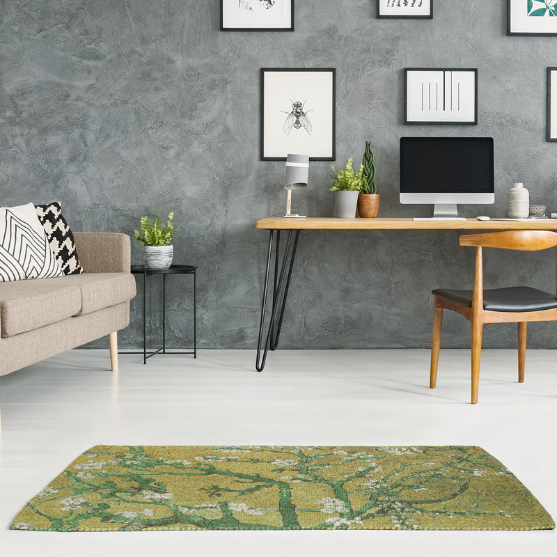 Tapis vert/jaune en chenille de fleurs d’amande, Rectangle 2 pi x 3 pi
