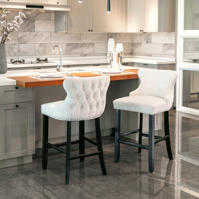 Contemporary Velvet Upholstered Wing-Back Barstools With Button Tufted Decoration And Wooden Legs,Nailhead Trim, Leisure Style Bar Chairs,Bar Stools, Set Of 2
