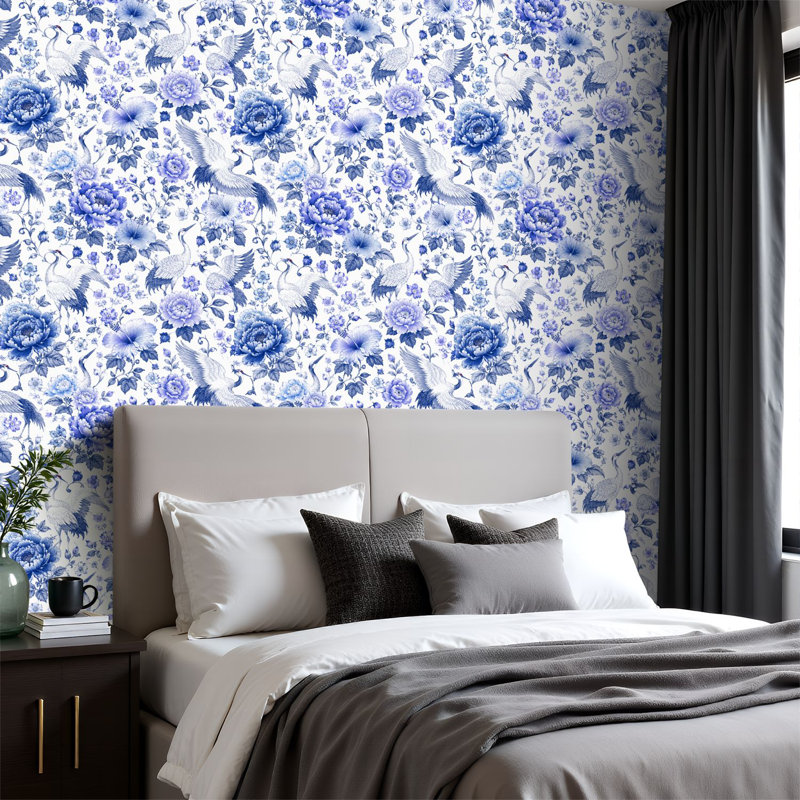 Rouleau de papier peint pelez et collez, amovible, de style chinoiserie, pivoines d'oiseaux, couleur bleue, l 23,6 po x H 118 po