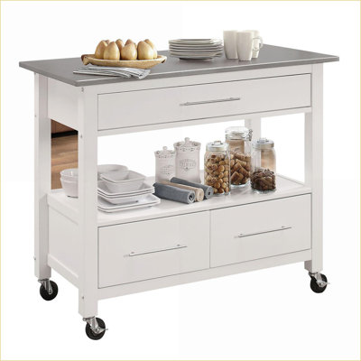 Chariot de cuisine 3 tiroirs 1 tablette supérieure en acier inoxydable avec roulettes verrouillables blanches | Bois et métal | Moyen (40 à 55 po)