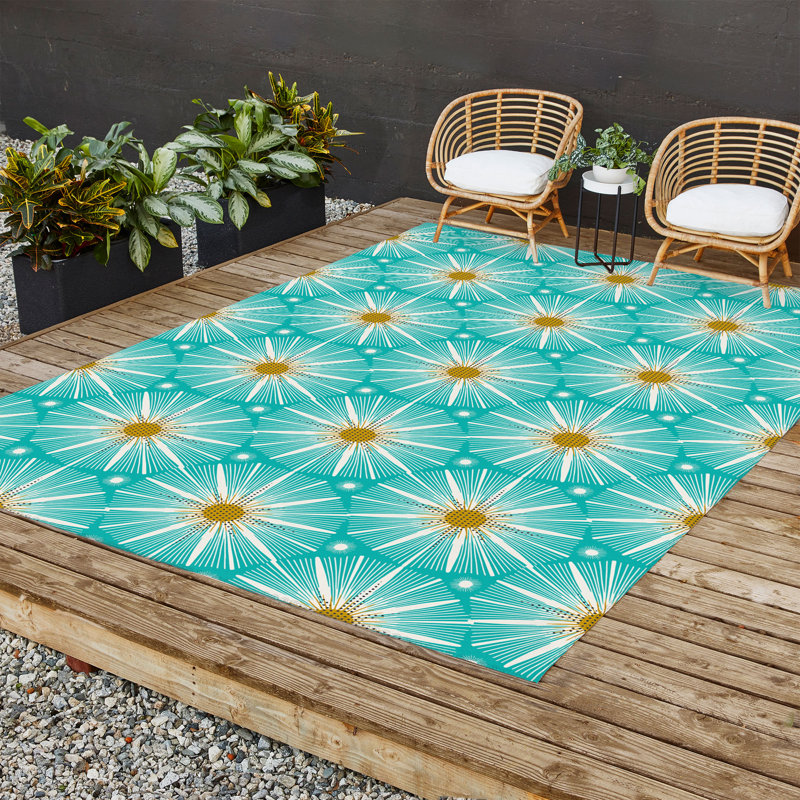 Tapis d'extérieur rectangulaire tissé à plat en polyester / chenille turquoise, Rectangle 8 pi x 10 pi