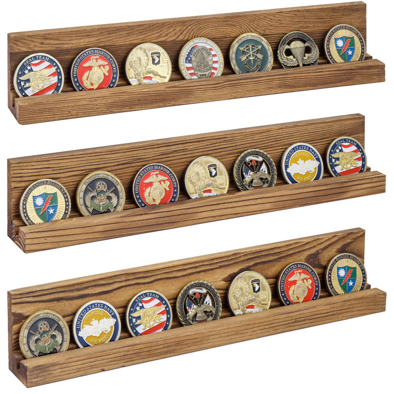 Aleck Challenge Coin Holder Solid Wood Floating Shelf, Dark Brown
