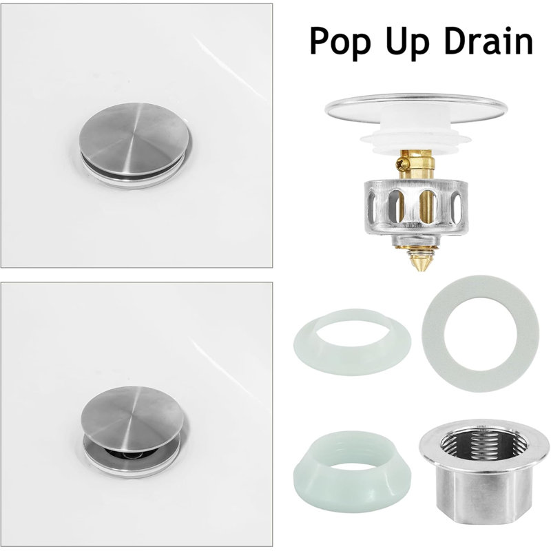Brushed Nickel Seamless Pop-Up Sink Drain – Stainless Steel Anti-Leak Drain Stopper with Built-In Strainer Basket