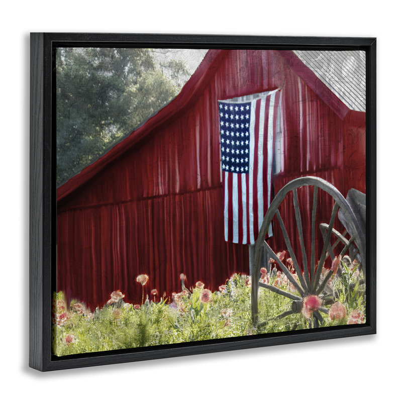 Grange rouge avec drapeau américain, Cadre flottant noir de jais, H 17 po x l 21 po