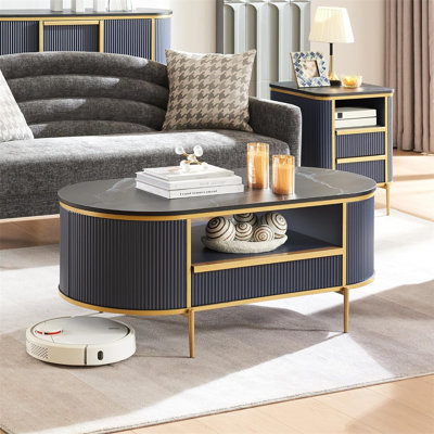 Roseellen 48''L Oval Coffee Table With Storage, Centre Table With Open Shelf, Fluted Design
