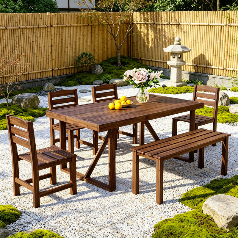 6 - Person Acacia Wood Patio Dining Set with Rectangular Table, Brown