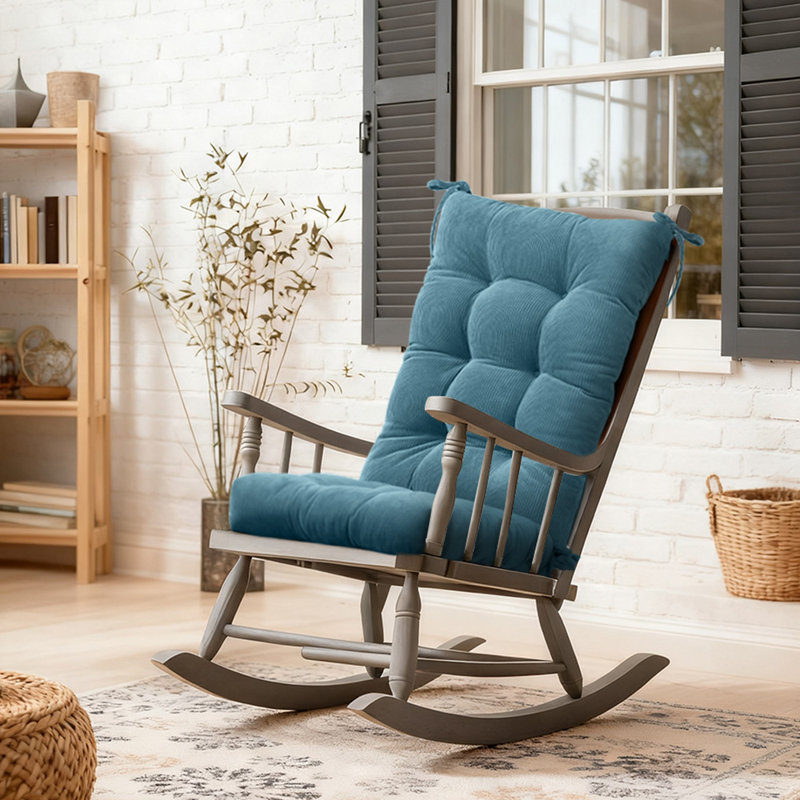  Double Fixation Non-Slip Rocking Chair Cushion - High Rebound foam Filled Corduroy Flower Seat & Back Pad for Study, Bedroom & Porch (Blue)