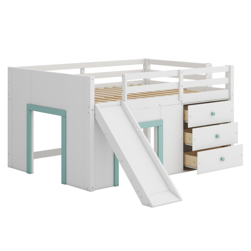 Lit mezzanine bas avec glissade, trois tiroirs de rangement et deux portes