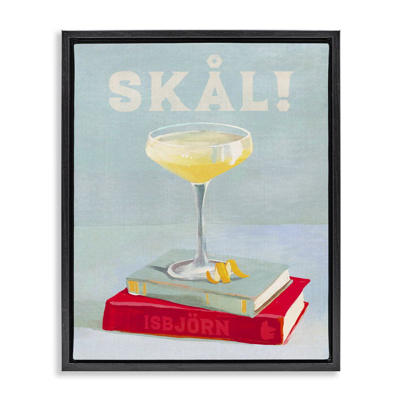 Art mural sur toile Skal Cocktail & Bookstack Floater par The Whiskey Ginger, H 31 po x l 25 po, Cadre flottant noir de jais