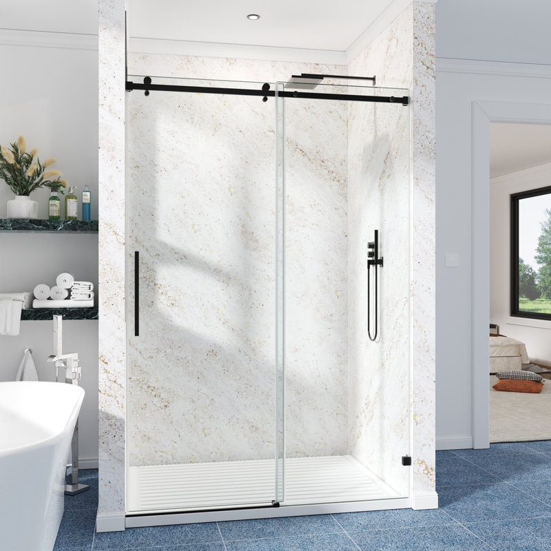 68-73" W X 72" H Frameless Single Sliding Shower Door with 3/8" (10mm) Clear Tempered Glass, Shatter-Resistant Film & Installation Hole Locator - Square Top Rail