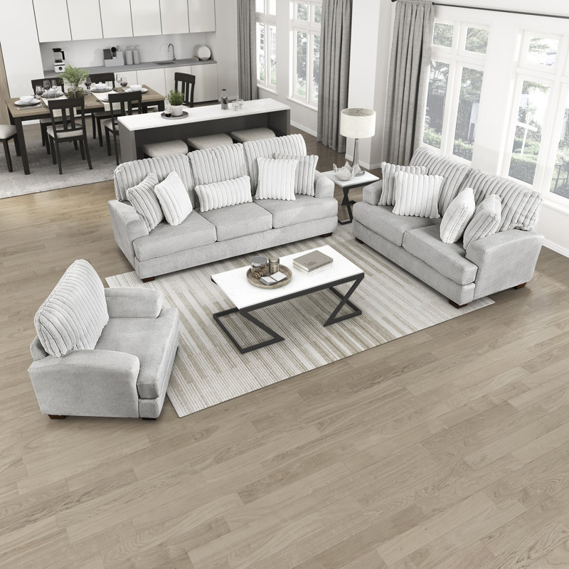 Seavey Modern & Contemporary Textured Microfiber and Corduroy 3-Piece Living Room Set with Reversible Cushions, Track Arms & 9 Included Decor Pillows
